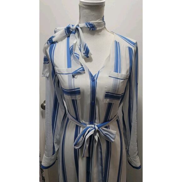 EXPRESS WOMEN’S SHEER MAXI DRESS SIZE XS BLUE AND WHITE STRIPE - Picture 3 of 7